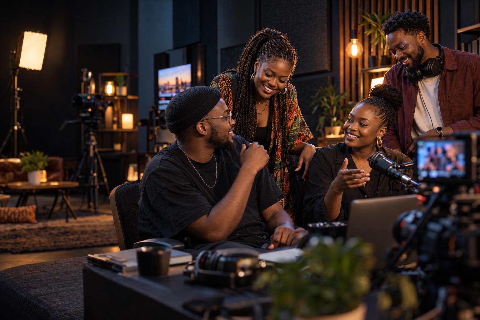 Zambian creators talking together in a video and podcast studio